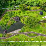 Stunning aerial shot capturing a lush garden with pathways, ponds, and vibrant greens.